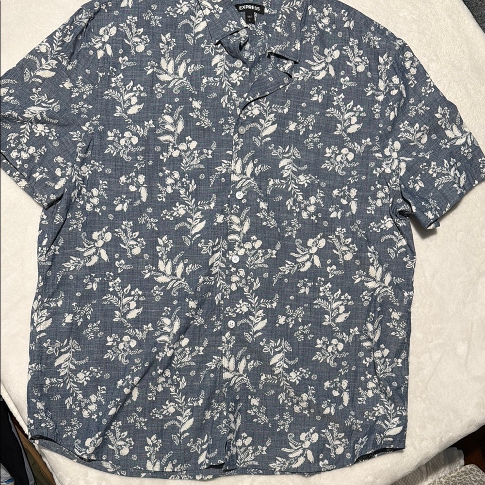 Express Blue and White Casual Button Down Shirt